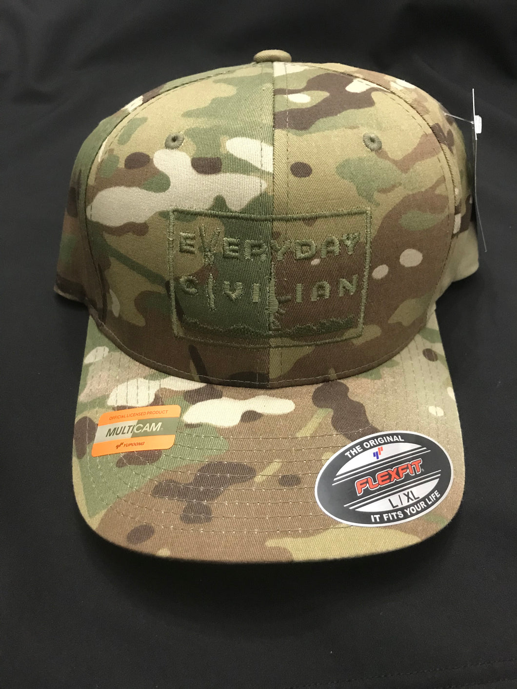 Multicam FlexFit hat with green EveryDayCivilian Logo. Large/XL